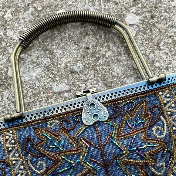 Western Turquoise Beaded Denim Victorian Style Chain Strap Handbag - Picture 5 of 8